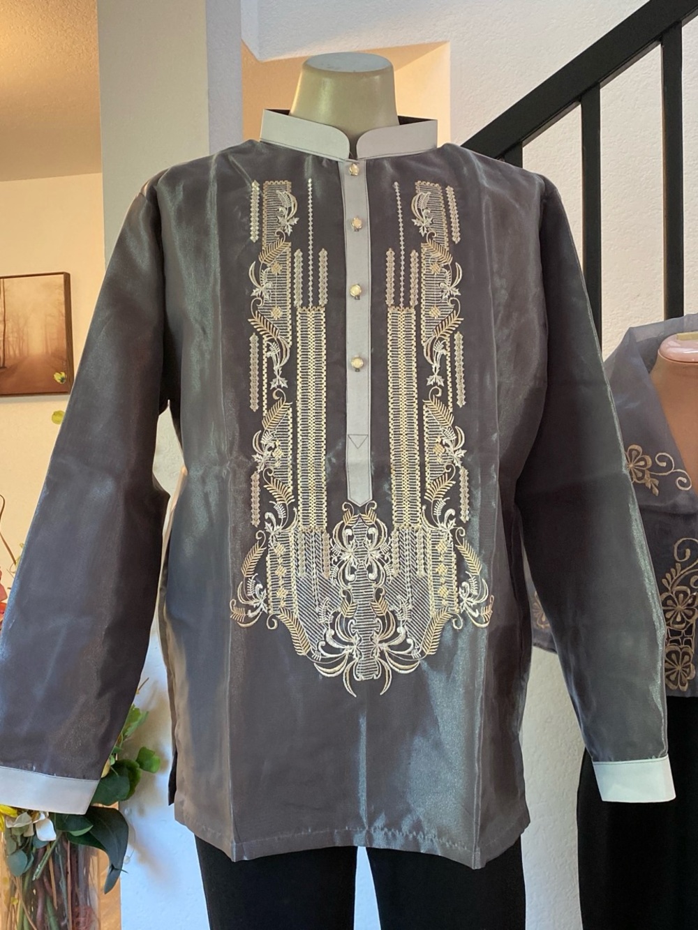 Embroidered Gray Organza Barong Tagalog with Ivory Detailing